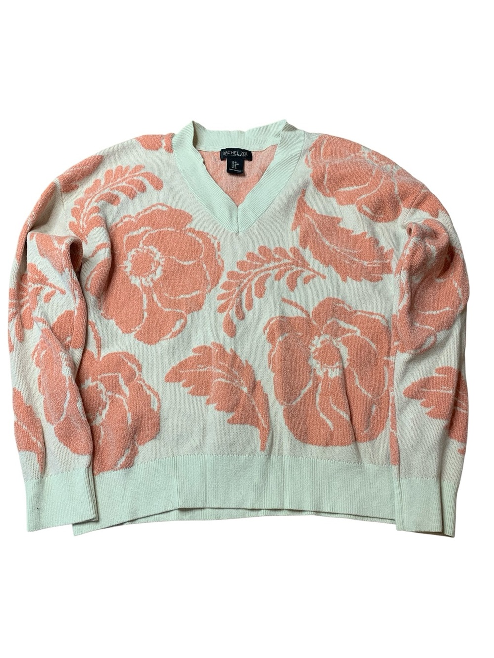 Rachel Zoe Floral V-Neck Sweater Cream Peach Jacquard Knit Size Medium
